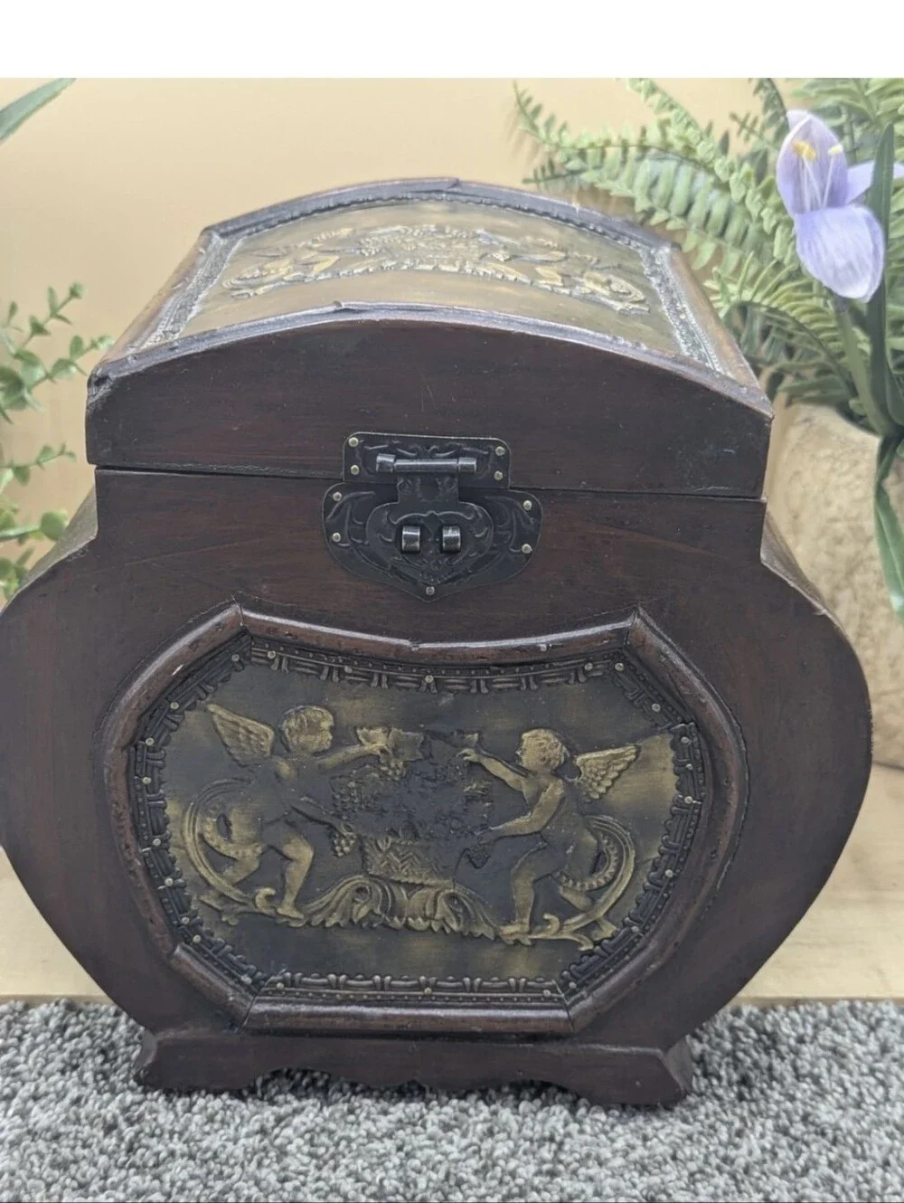 Wooden Cupid Cherbium Hand Crafted Metal Inlay Felt Lined Storage Keepsake Box